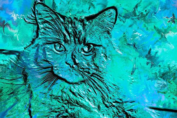 Happy Digital Art - Super Duper Cat Blue Glass by Don Northup