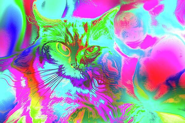 Happy Digital Art - Super Duper Cat Psychedelic Green by Don Northup