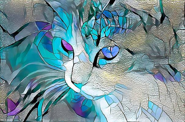 Happy Digital Art - Super Stained Glass Kitten Blue by Don Northup
