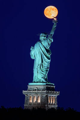 Monochromatic Photograph - Supermoon Statue Of Liberty by Susan Candelario
