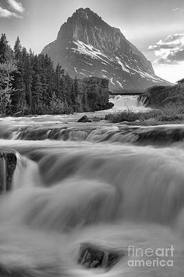 Wall Art featuring the photograph Swiftcurrent Falls Spring SUnset Black And White by Adam Jewell