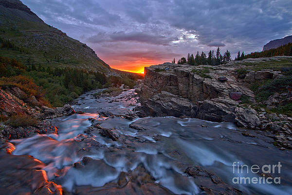 Wall Art featuring the photograph Swiftcurrent Falls Sunrise Burst by Adam Jewell