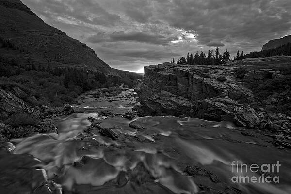 Wall Art featuring the photograph Swiftcurrent Falls Sunrise Burst Black And White by Adam Jewell