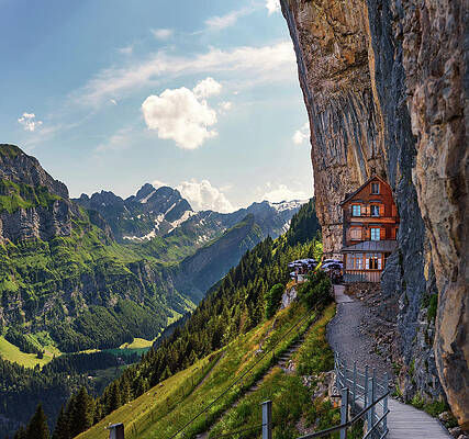Summer Wall Art featuring the photograph Swiss Alps And A Restaurant Under A Cliff On Mountain Ebenalp In Switzerland by Miroslav Liska