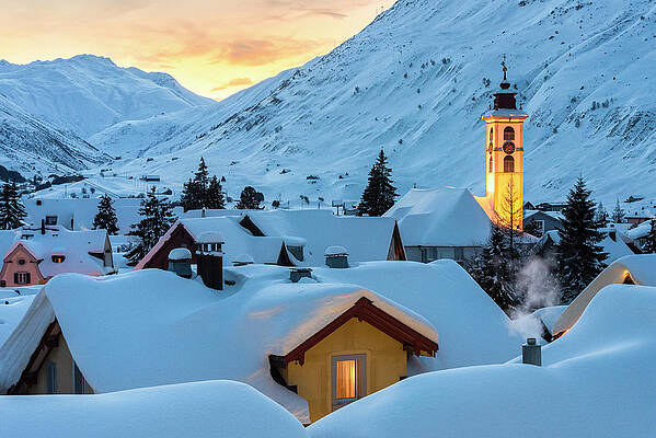 Travel Digital Art - Switzerland, Uri, Andermatt, Alps, The Alpine Village Of Andermatt In The Winter Evening by Alessandro Bellani