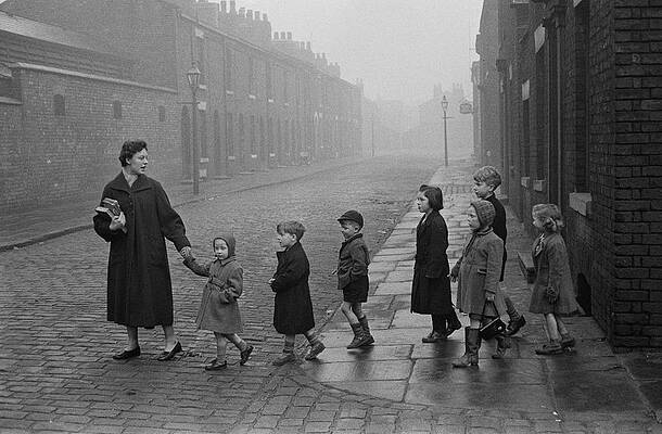 Children Walking with Teacher on Foggy Street Wall Art