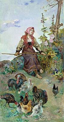 Chicken Painting - Tending The Turkeys by Tomas Munoz Lucena