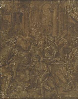 Monochrome Wall Art featuring the drawing The Banquet Of Ahasuerus And Esther by Aurelio Lomi