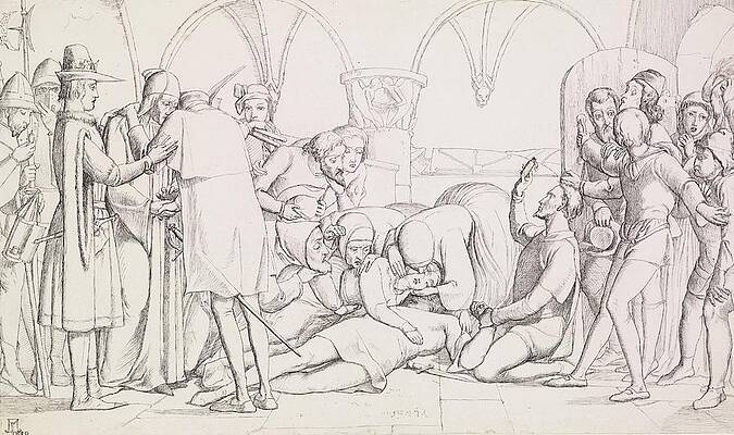 Monochrome Drawing - The Death Of Romeo And Juliet  Compositional Study by Sir John Everett Millais