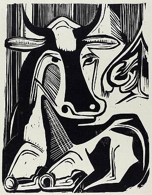 Monochrome Wall Art featuring the painting The Large Cow Lying by Ernst Ludwig Kirchner