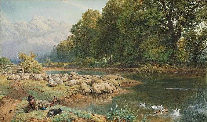 Flock Painting - The Shepherds Watch by Myles Birket Foster