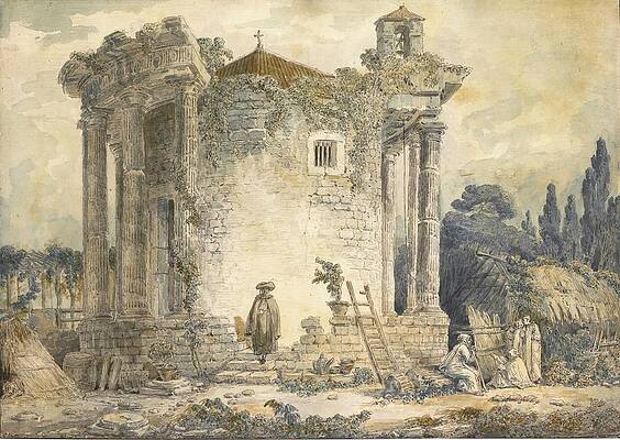 Hubert Robert Painting - The Temple Of The Sibyl At Tivoli, A Man In A Cloak And Hat by Hubert Robert