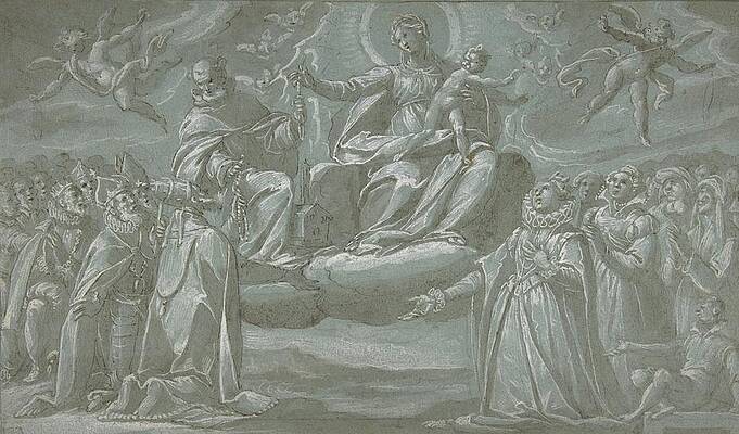 Monochrome Drawing - The Virgin And Child, Saint Dominic, And Angels by Giovanni Mauro Della Rovere