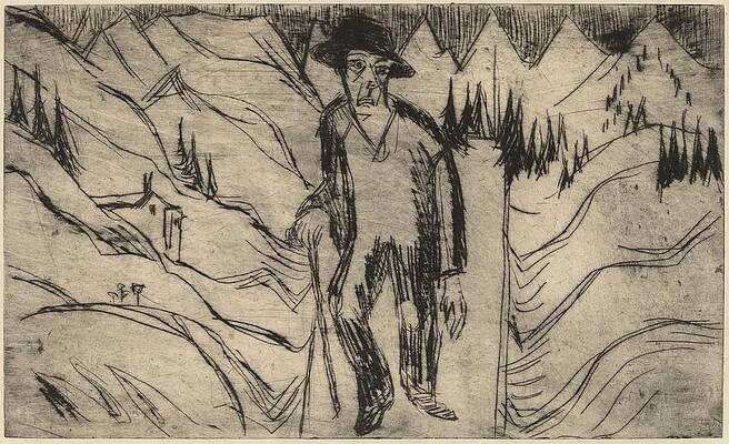Monochrome Wall Art featuring the drawing The Wanderer by Ernst Ludwig Kirchner