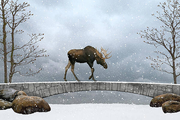 Moose Crossing a Snowy Bridge Digital Art