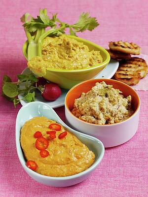 Three Bowls Of Assorted Dips Print