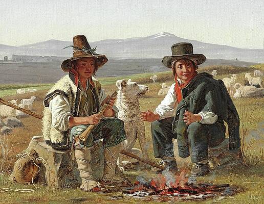 Flock Painting - To Italienske Hyrdedrenge Siddende Ved Ilden by Martinus Rorbye