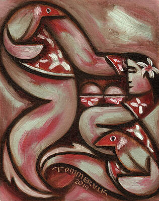 Hawaii Wall Art featuring the painting Tommervik Hawaiian Woman Holding Apapane Birds Art Print by Tommervik