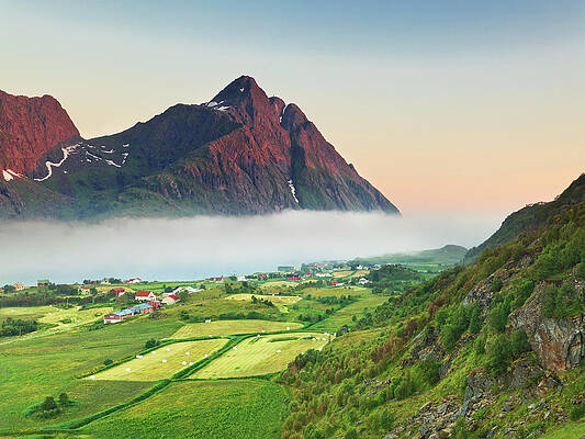 Impressive Wall Art featuring the digital art Town With Fog, Nordland, Norway by Luigi Vaccarella