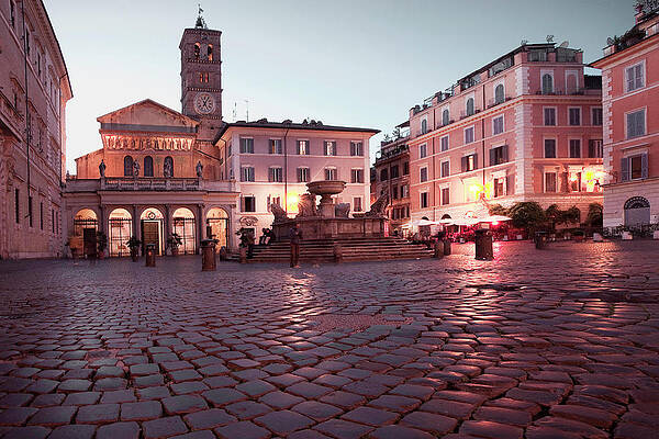 Fountain Wall Art featuring the digital art Trastevere Basilica, Rome Italy by Anna Serrano