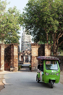 Tuk Tuk In The Historical Park Of Sukhothai In Front Of The Temple Wat Si Sawai, Ancient Royal City, Sukhothai, Thailand Print
