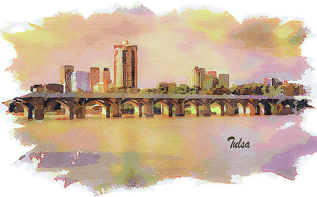 Architecture Painting - Tulsa Skyline And Arkansas River by Miroslav Liska