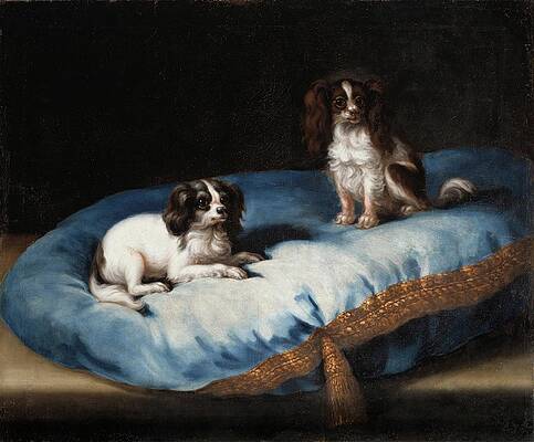 Two Small Dogs on Blue Cushion Painting