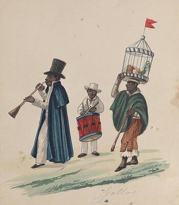 Traditional Painting - Two Musicians And A Man Carrying On His Head A Rooster by Francisco Fierro