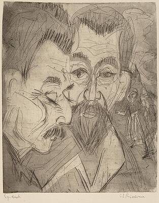 Monochrome Drawing - Two Peasant Heads by Ernst Ludwig Kirchner