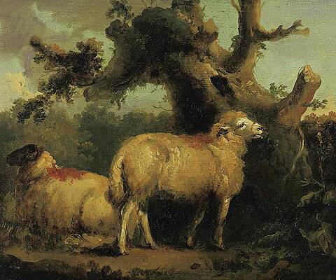 Flock Painting - Two Sheep In A Landscape by George Morland