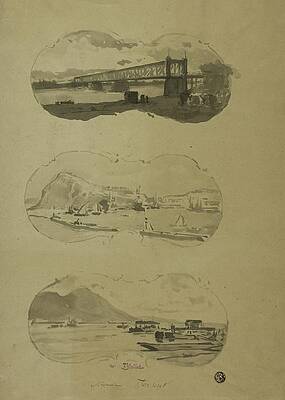 Monochrome Drawing - Two Views Of Ports, One View Of River With Bridge by Alexandre Thiollet