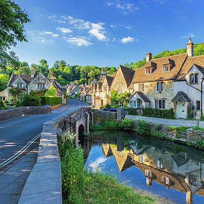 British Wall Art featuring the digital art Uk, England, Wiltshire, Castle Combe, Great Britain, British Isles, Cotswold, Bridge Over The Bybrook River by Luigi Vaccarella