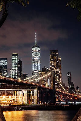 U S Wall Art featuring the digital art United States, New York City, Brooklyn, East River, Dumbo, Brooklyn Bridge, Brooklyn Bridge Park, View Of Lower Manhattan Skyline With The One World Trade Center, Formerly Freedom Tower. by Antonino Bartuccio