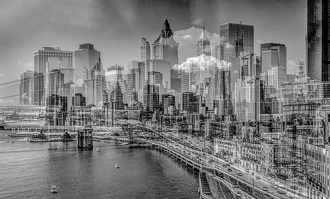 Hudson New York Wall Art featuring the digital art United States, New York City, Manhattan, Hudson, Manhattan Skyscrapers Seen From The Manhattan Bridge, Multi-exposures by Olimpio Fantuz