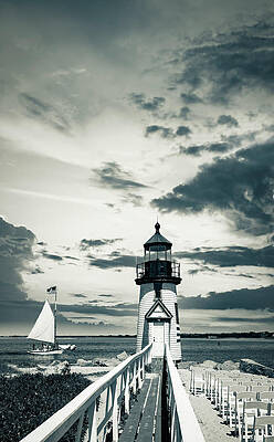 North America Wall Art featuring the digital art Usa, Nantucket, Massachusetts, New England, Black And White Brant Point Lighthouse With A Sailboat. by Alejandra Uribe Posada
