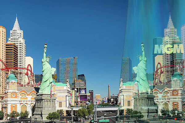 Facade Wall Art featuring the digital art Usa, Nevada, Las Vegas, New York-new York Hotel And Casino Reflected In The Facade Of The Mgm Hotel by Markus Lange
