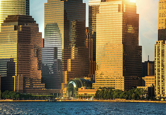 Hudson New York Wall Art featuring the digital art Usa, New Jersey, Jersey City, Liberty State Park, North Cove Marina, Brookfield Place, Downtown Manhattan With Golden Light. by Alejandra Uribe Posada