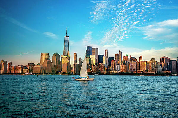 Hudson New York Wall Art featuring the digital art Usa, New York City, Manhattan, Sailboat Crossing The Hudson River, Lower Manhattan, Freedom Tower And Blue Sky In The Background, From New Jersey by Alejandra Uribe Posada