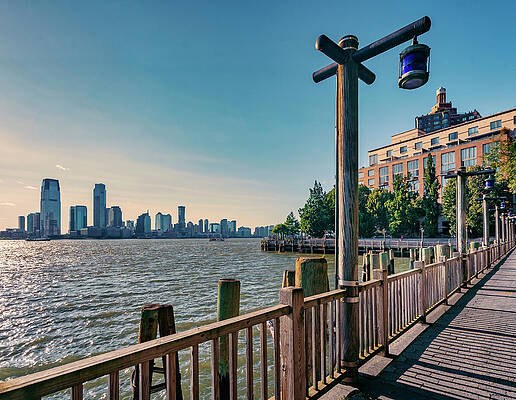Hudson New York Wall Art featuring the digital art Usa, New York City, Manhattan, Wooden Railing In The Edge Of Hudson River, New Jersey In The Background. by Alejandra Uribe Posada