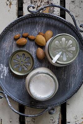 Vegan Almond Milk In Glasses With Straws And Lids On A Tray Print