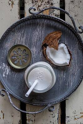 Vegan Coconut Milk In Glasses With Straws And Lids On A Tray Print