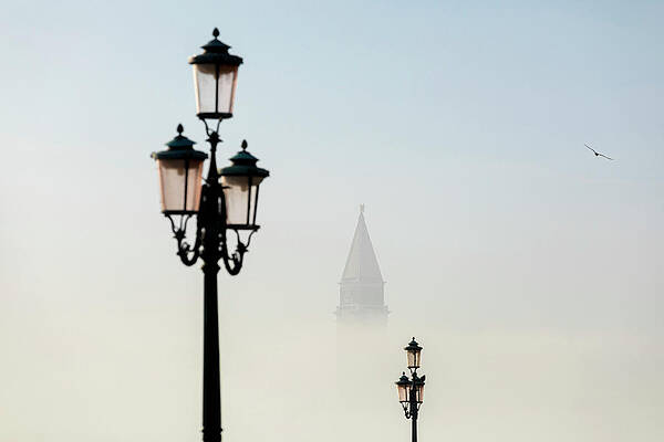 Lamp Wall Art featuring the digital art Venice, Street Lamp, Bell Tower, Fog by Nicolo Miana