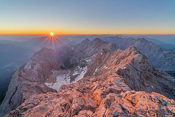Germany Wall Art featuring the digital art View From Zugspitze Mountain (2962m) Across Jubilaumsgrat (jubilee Ridge) At Sunrise, Garmisch-partenkirchen, Upper Bavaria, Bavaria, Germany by Christian Back