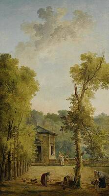 Woman Feeding Animals in a Garden Courtyard Painting