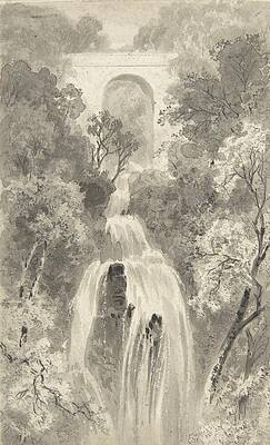 Monochrome Drawing - View Of A Waterfall by David Octavius Hill