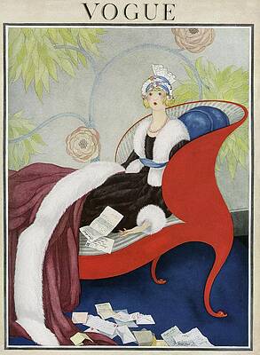 Wall Art featuring the painting Vintage Vogue Cover Of A Woman Reading Letters by George Wolfe Plank