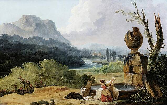 Hubert Robert Painting - Washerwoman In A Landscape by Hubert Robert