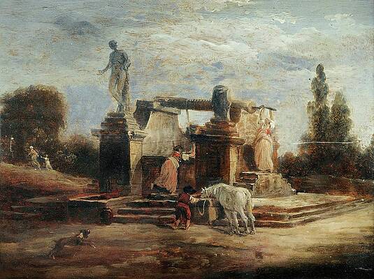 Hubert Robert Painting - Washerwomen At The Fountain by Hubert Robert