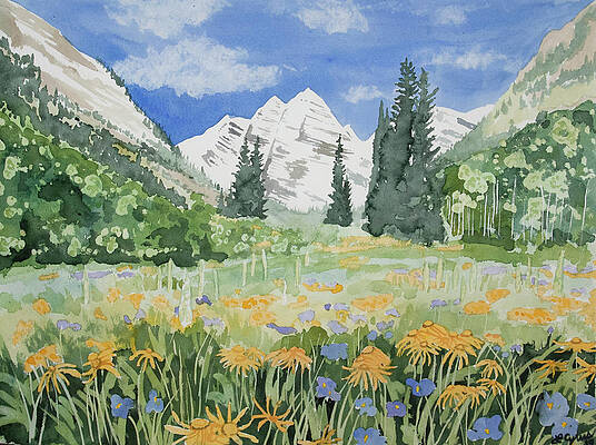 Maroon Bells and Summer Wildflowers Painting