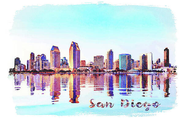 Modern Wall Art featuring the digital art Watercolor Painting Of San Diego Skyline At Sunset From Coronado by Steven Heap
